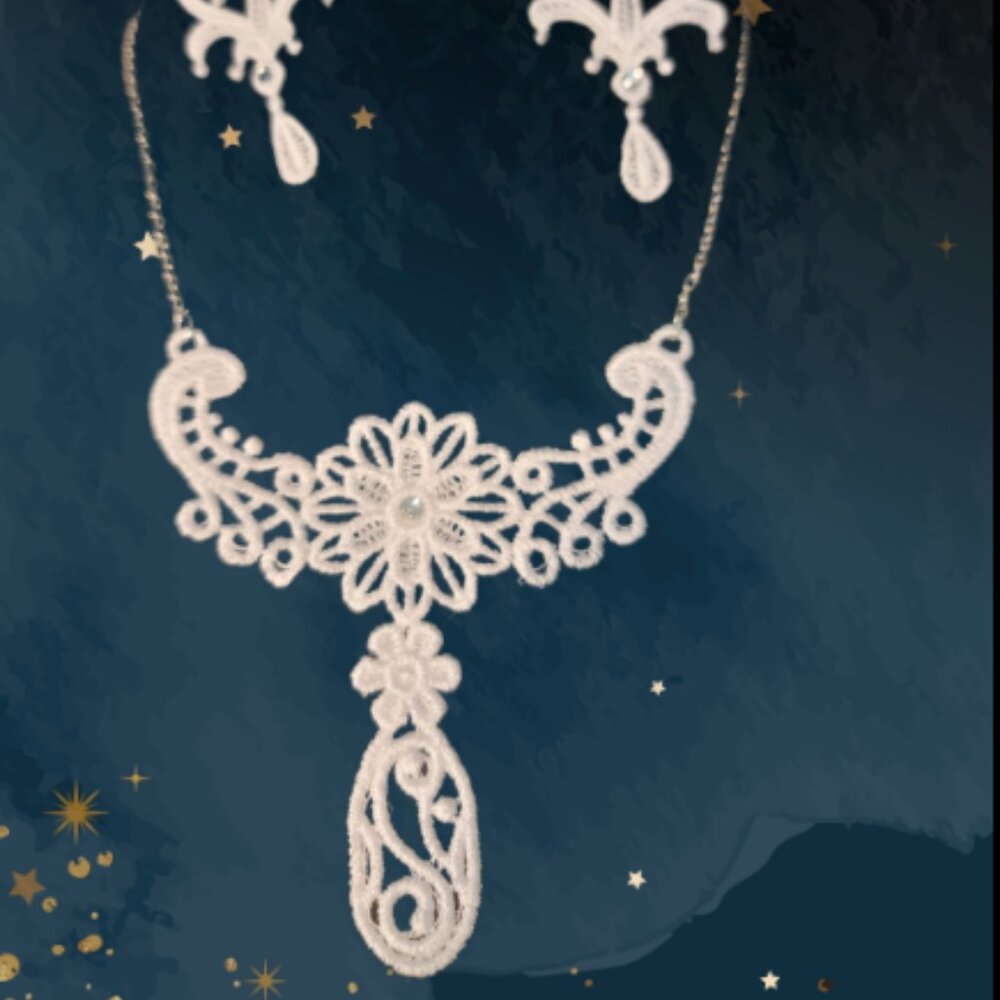 White Lace bridal-formal Jewelry Necklace and earrings Hand Made